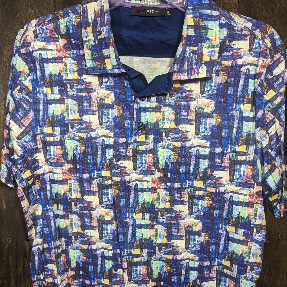 Bugatchi all over print multicolor polo shirt medium